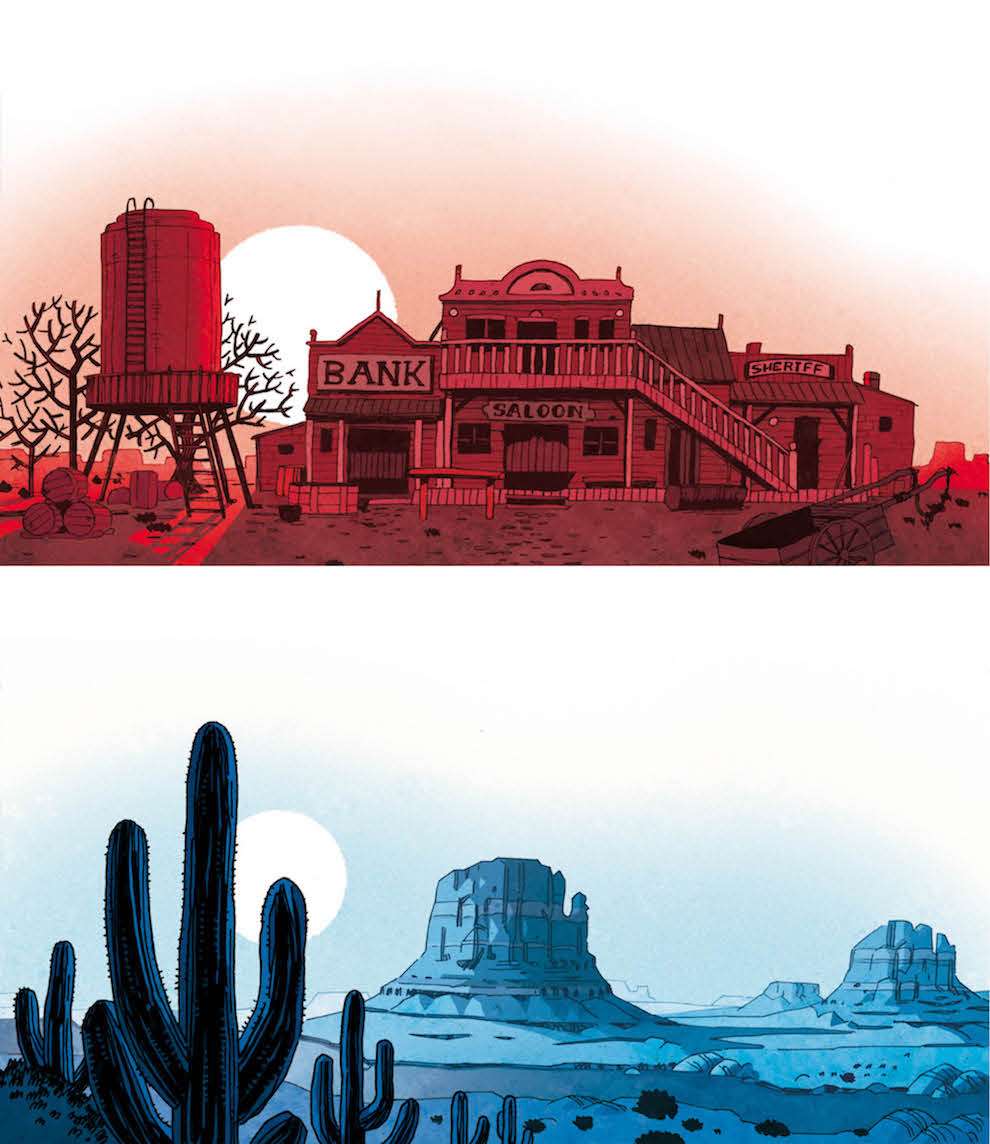 Coke Navarro, comic style farouest cowboy landscape illustration 